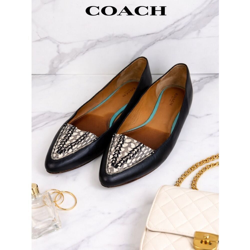 Coach Black Leather Pointed Toe Flats Snakeskin Cap Toe Shoes Women Size 9B